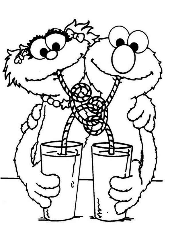 Fun coloring page of elmo and rosita enjoying a drink