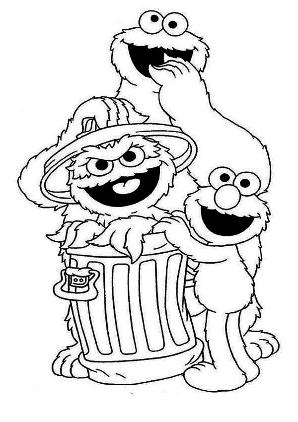 Cookie and elmo with oscar in garbage can in sesame street coloring page sesame street coloring pages monster coloring pages elmo coloring pages