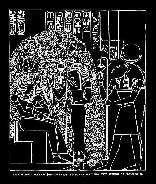 Old engraved illustration of thoth and safekh seshat