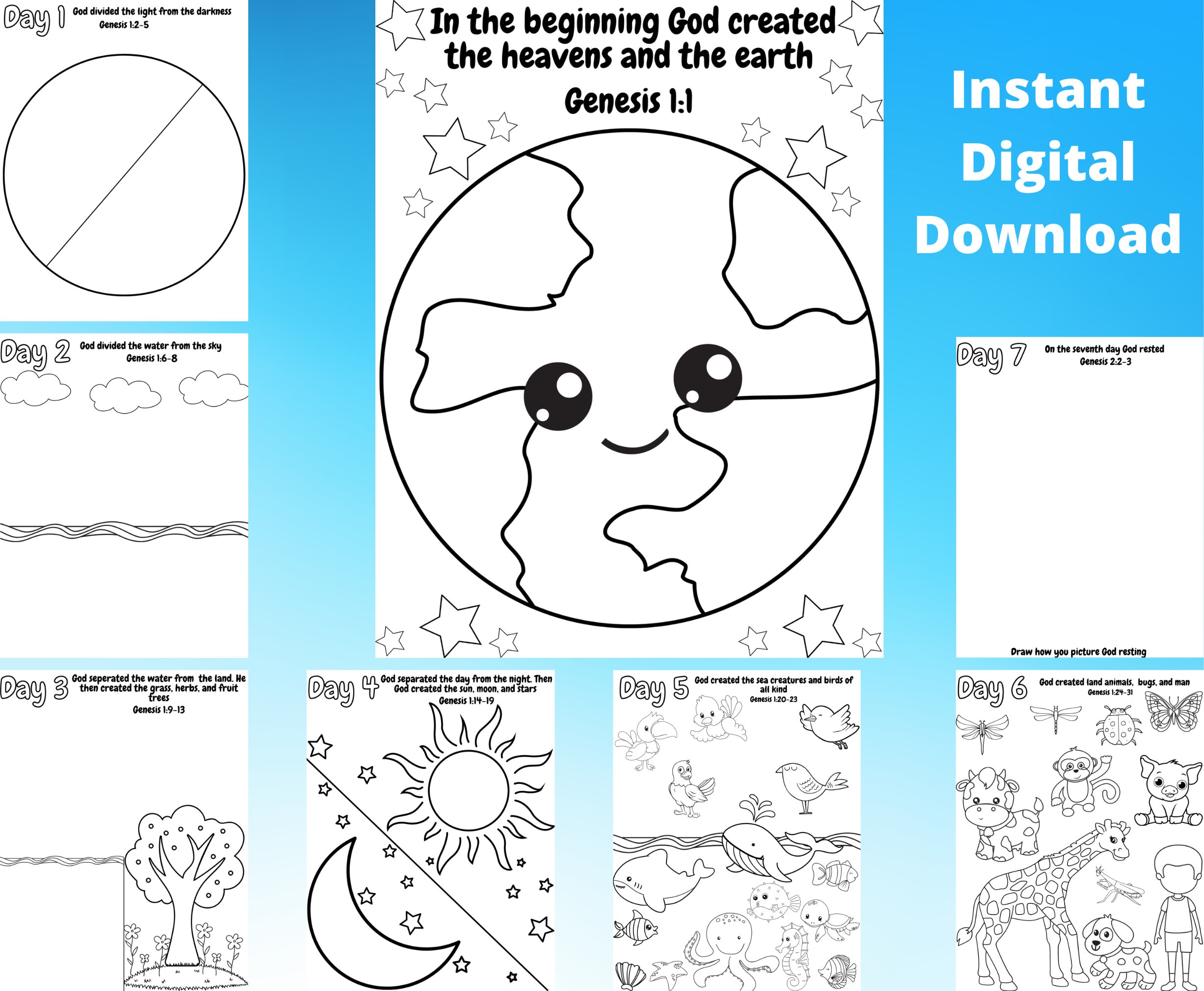 Days of creation coloring pages bible story coloring activity instant digital download days of creation coloring sheet download now