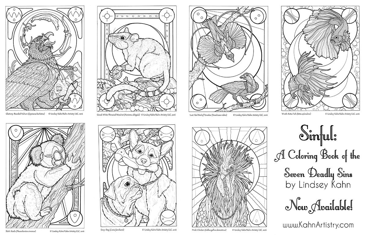 Sinful a coloring book of the seven deadly sins animal art nouveau adult coloring stress relief