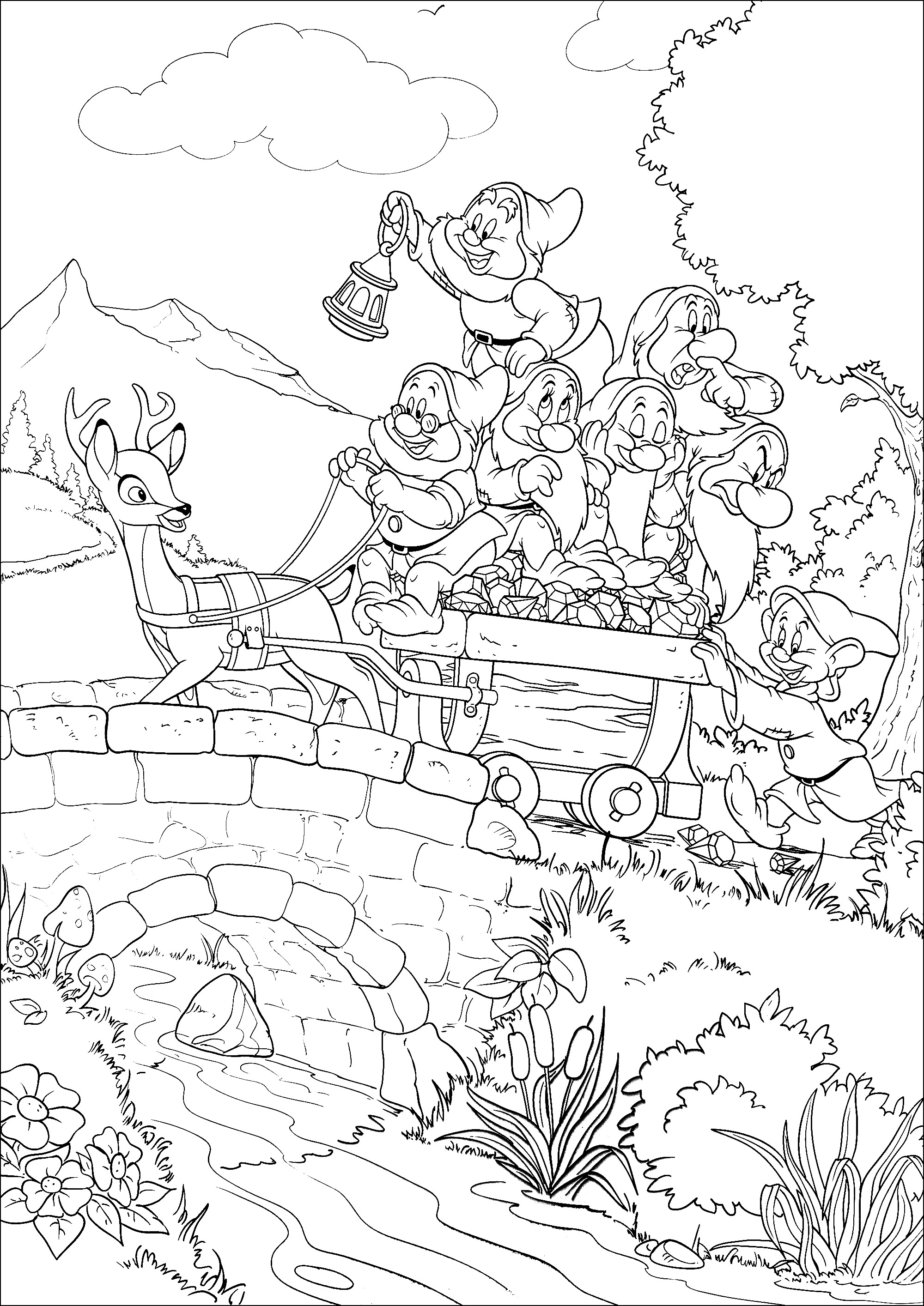 The seven dwarfs on a cart crossing a bridge