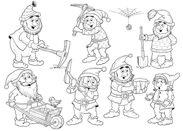 Snow white and the seven dwarfs fairy tale coloring page coloring book illustration for children cute and funny cartoon characters stock illustration