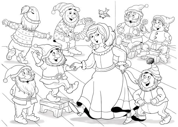 Snow white and the seven dwarfs fairy tale coloring page coloring book illustration for children cute and funny cartoon characters stock illustration