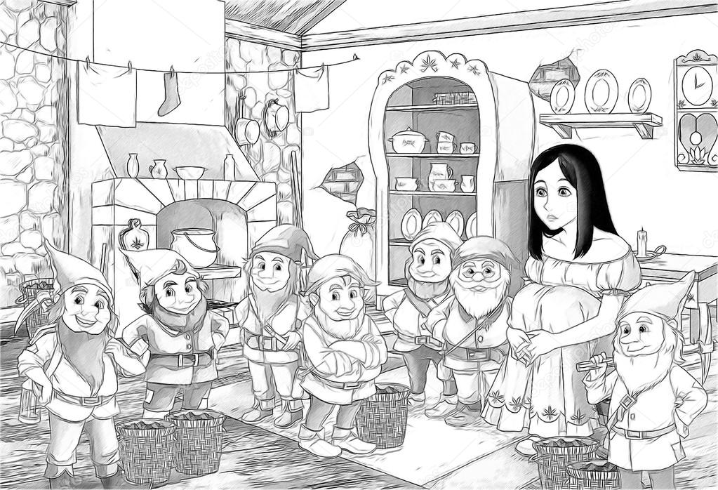 The sketch coloring page snow white and the seven dwarfs stock illustration by illustratorhft