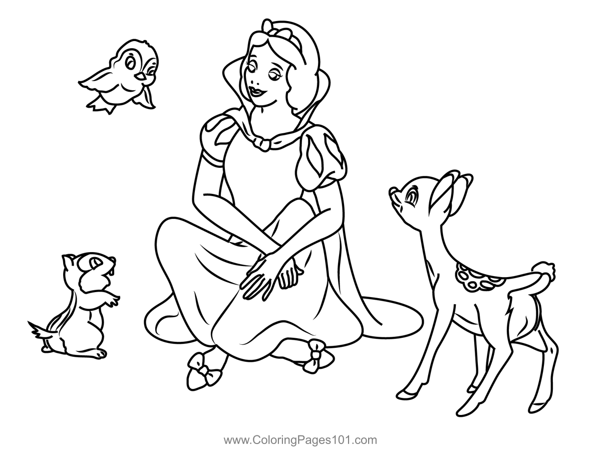 Snow white and friends coloring page for kids