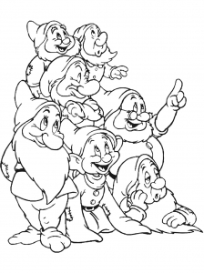 The seven dwarfs on a cart crossing a bridge