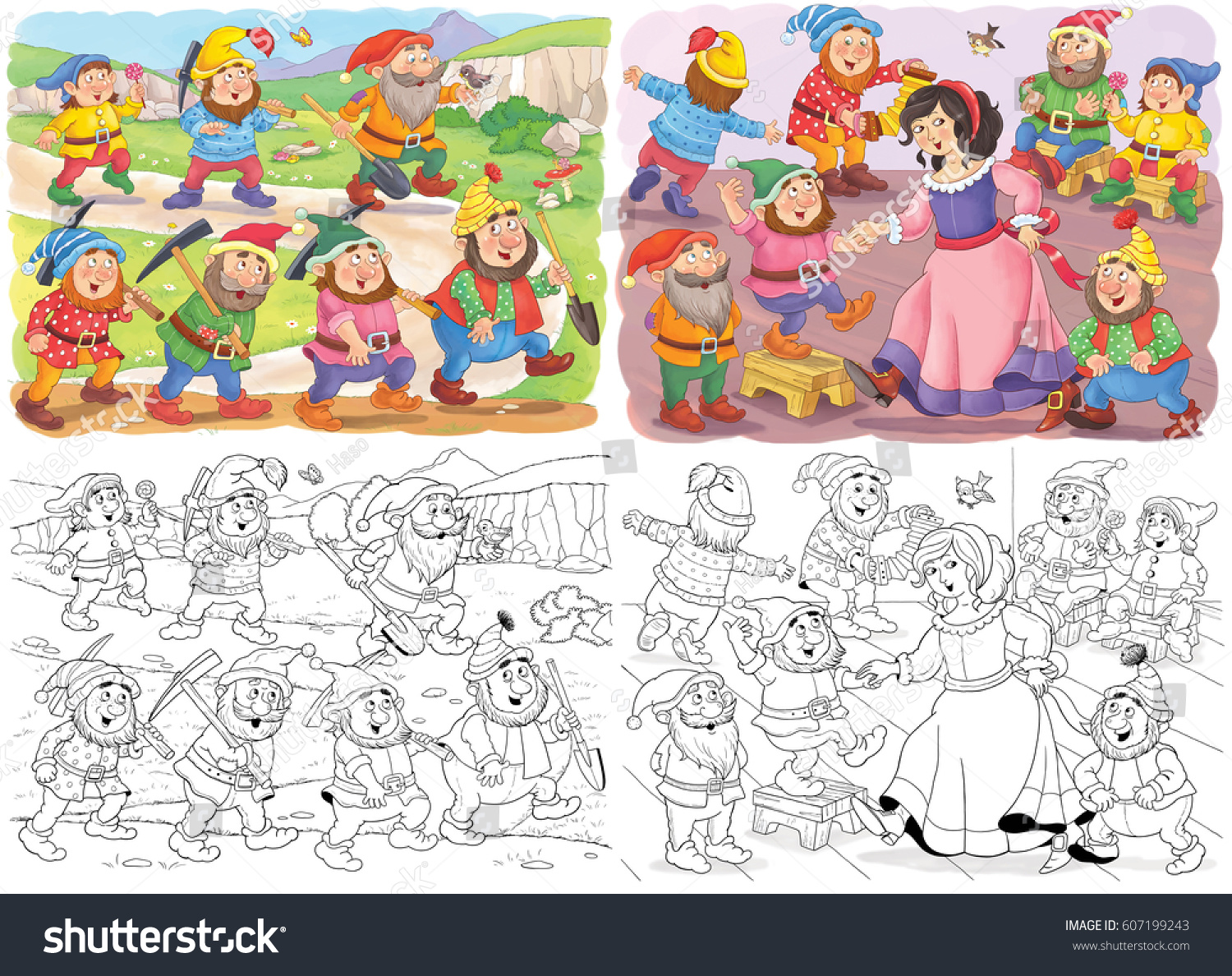 Snow white seven dwarfs fairy tale stock illustration