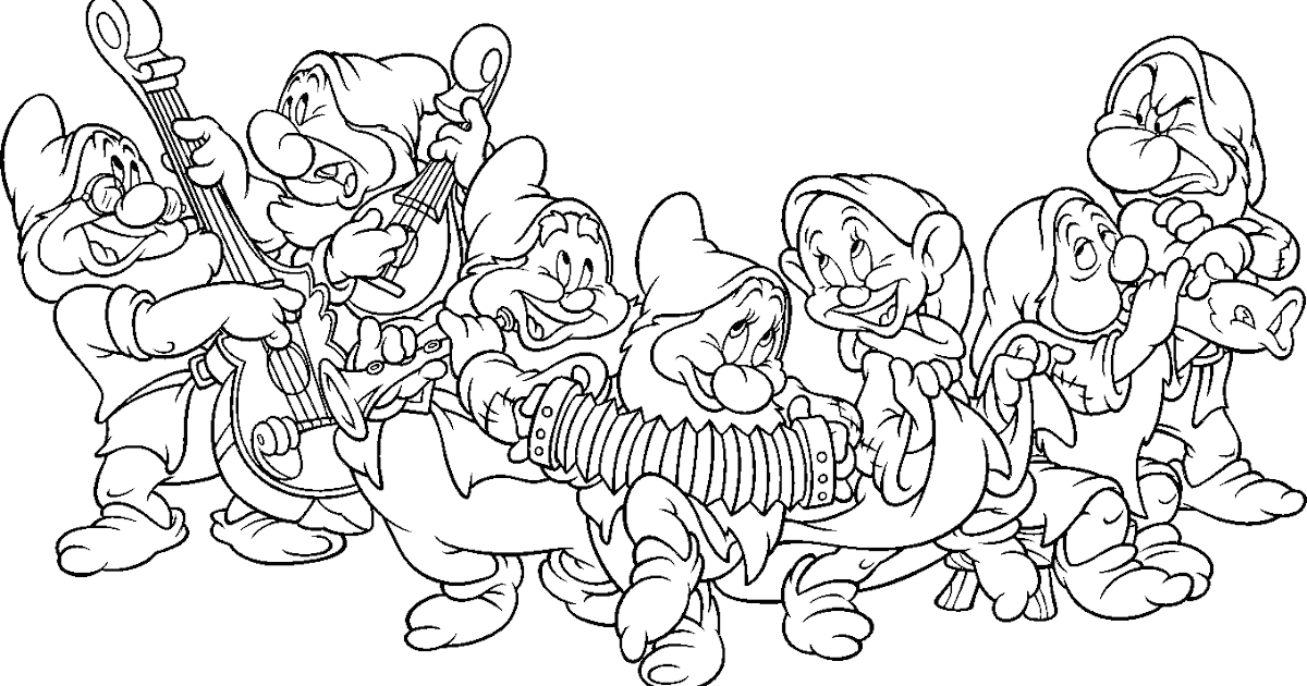 Snow white and dwarfs free printable coloring sheet