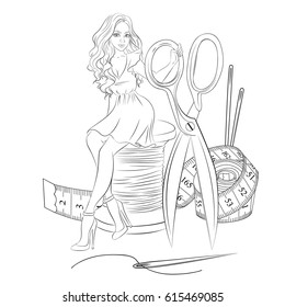 Girl sewing equipment coloring page stock vector royalty free