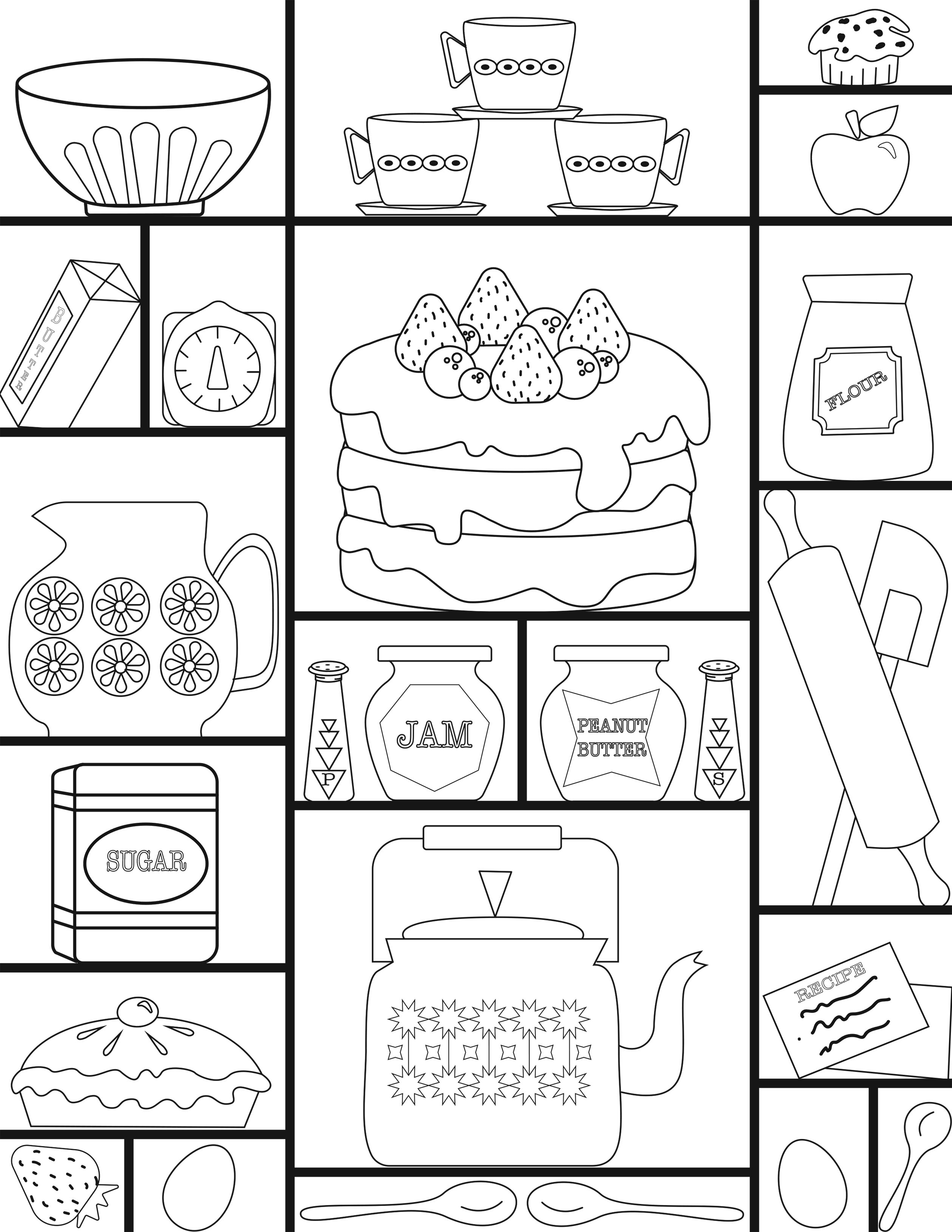 Kitchen sewing and art supply coloring pages