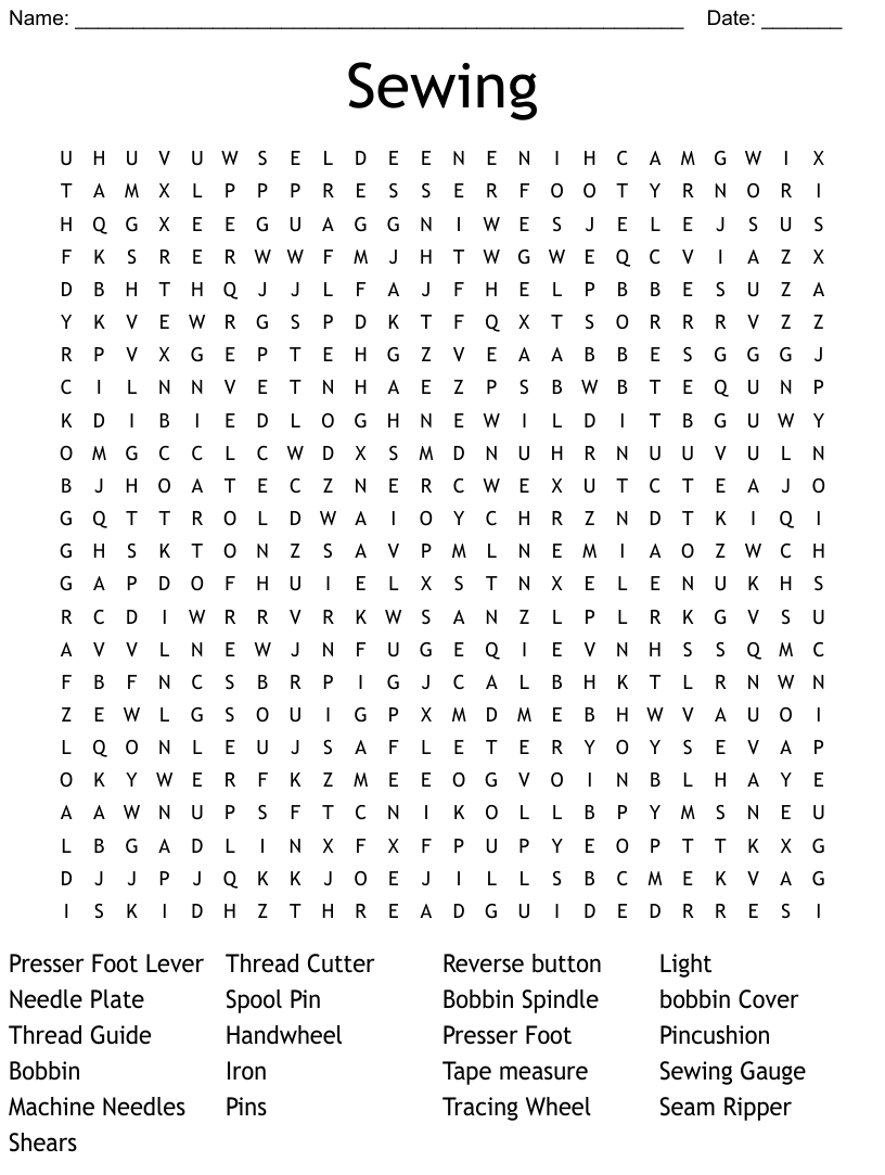 Sewing terms word search