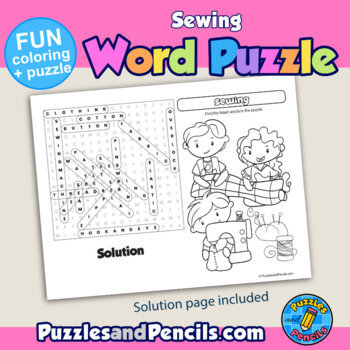 Sewing word search puzzle with coloring activity page kids activities series