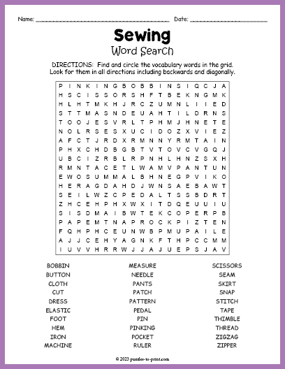 Sewing word search