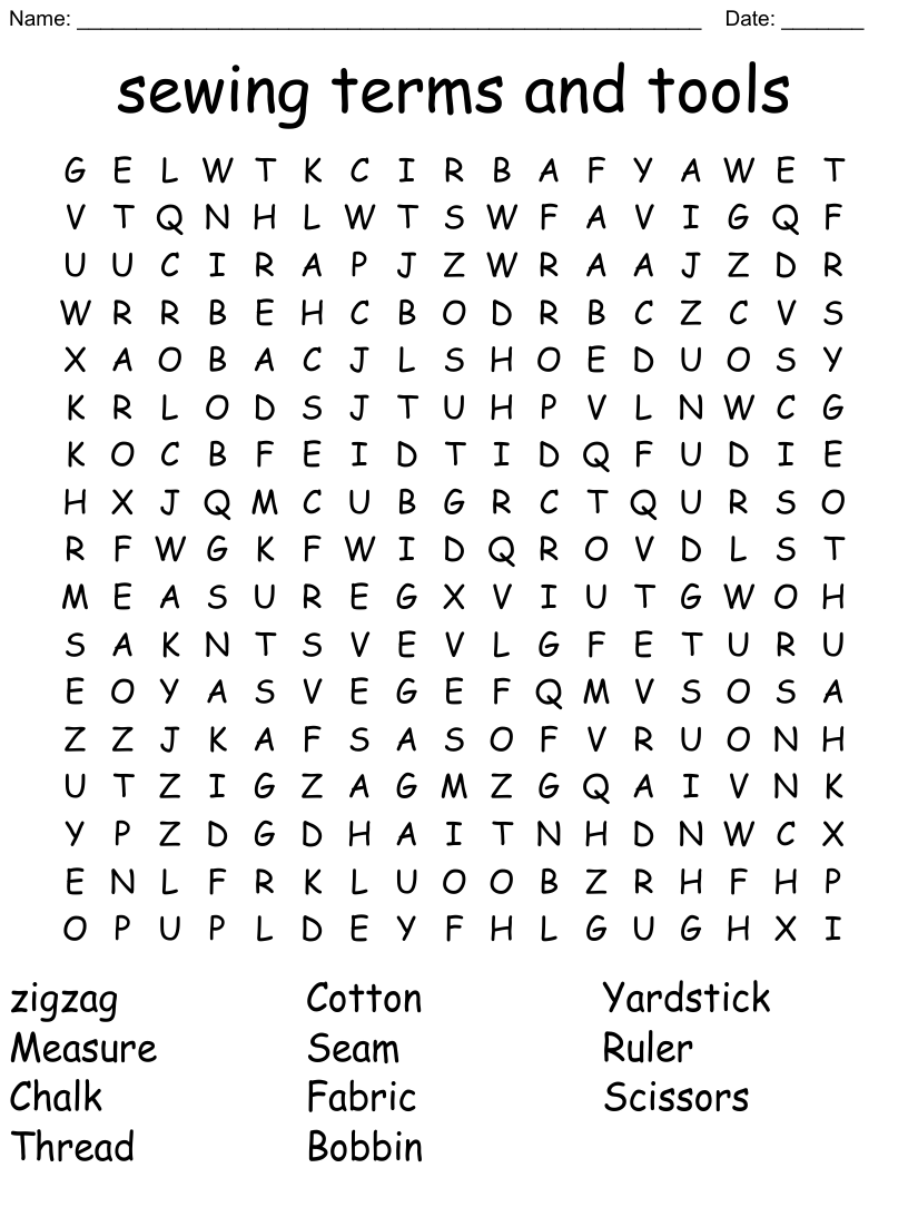 Sewing terms and tools word search