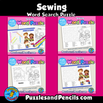 Sewing activity word search puzzle and coloring pages bundle