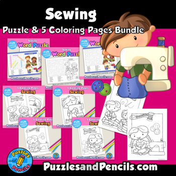 Sewing activity word search puzzle and coloring pages bundle