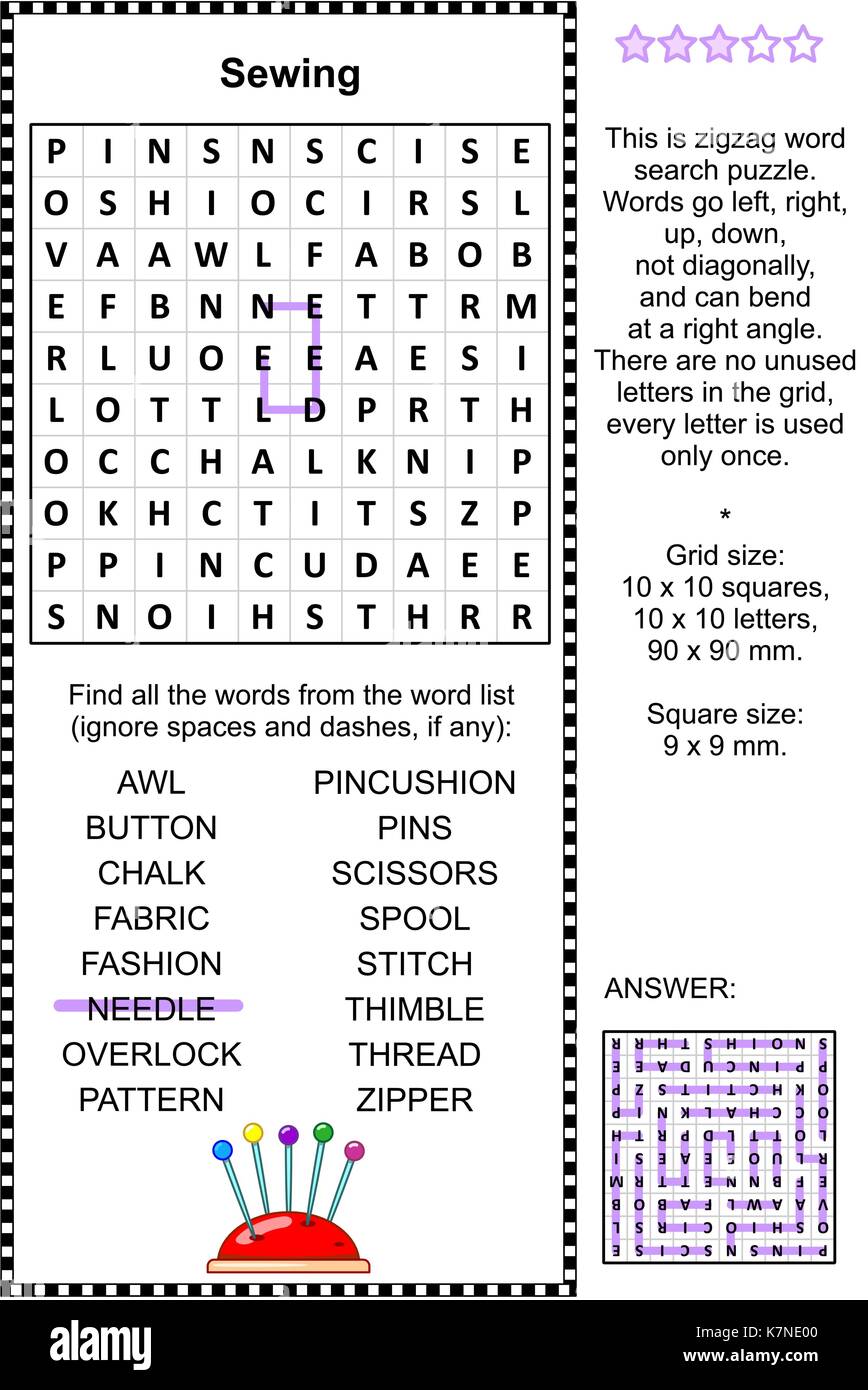 Sewing themed word search puzzle answer included stock vector image art