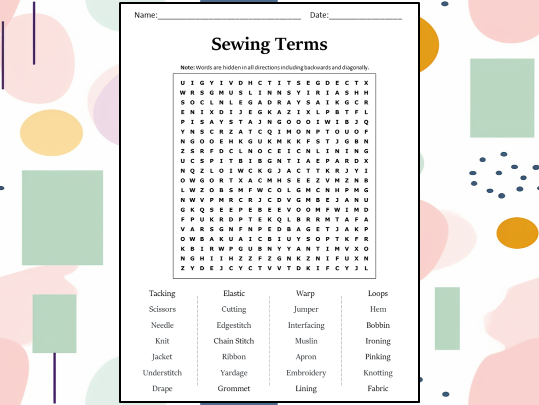 Sewing terms word search puzzle worksheet activity teaching resources