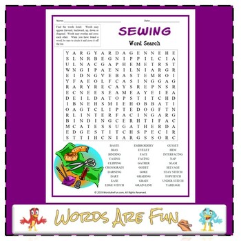 Sewing word search puzzle handout fun activity by words are fun tpt