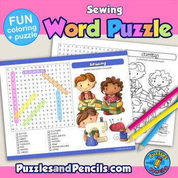 Sewing word search puzzle with coloring activity page kids activities series