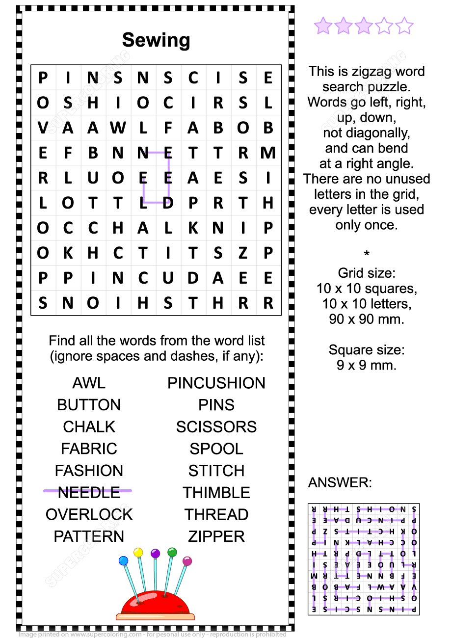 Sewing zigzag word search puzzle free printable puzzle games