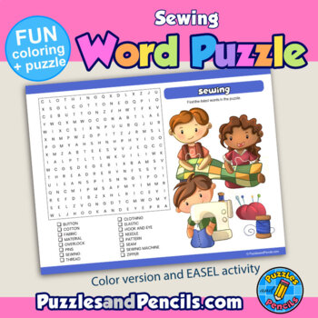 Sewing word search puzzle with coloring activity page kids activities series