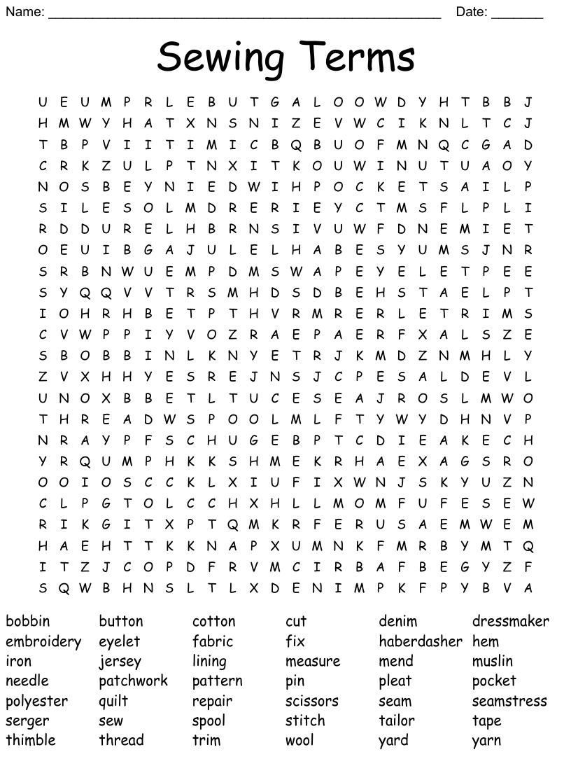 Sewing terms word search