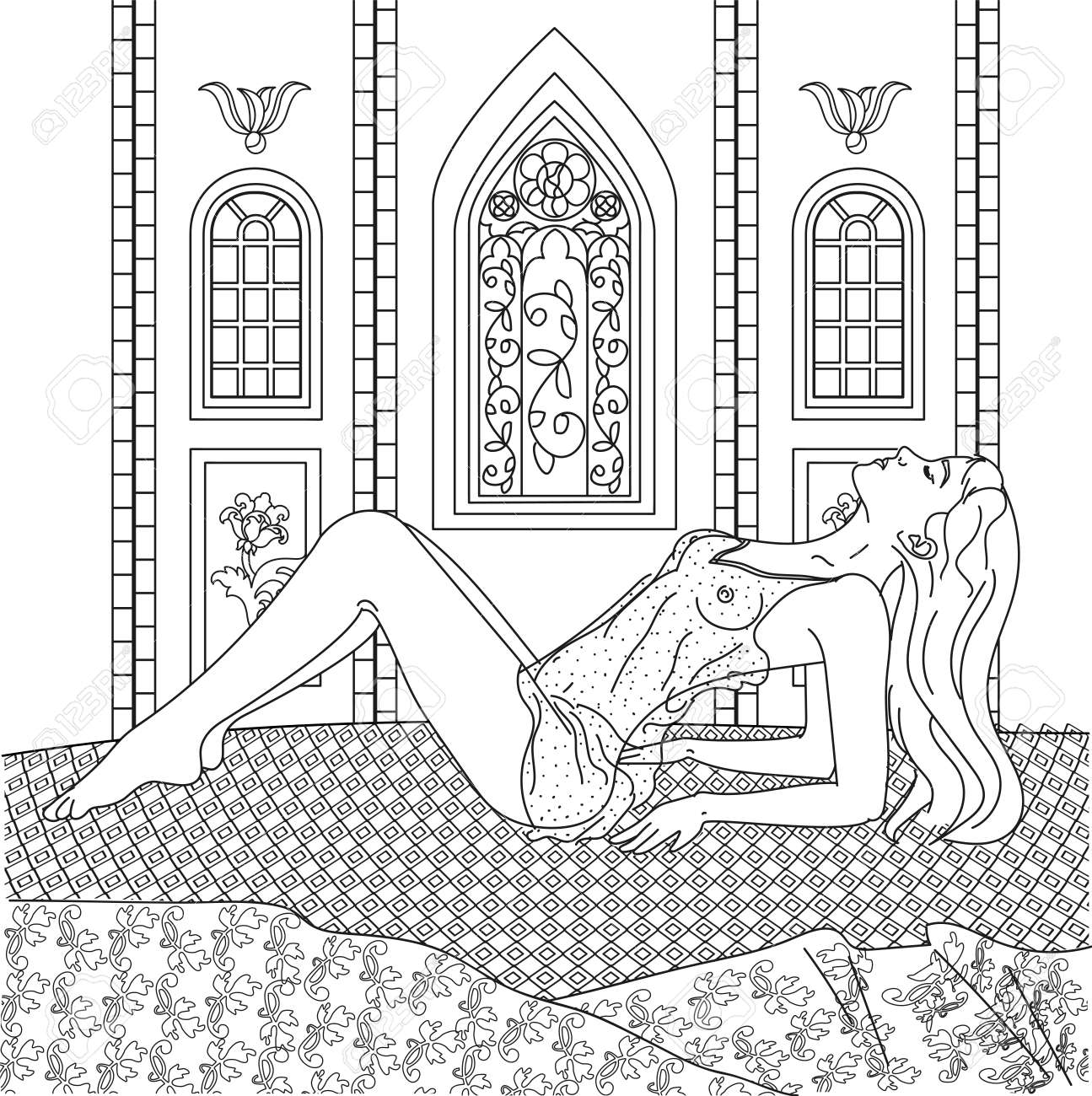 Beautiful woman in nightdress lying in bed erotic coloring pages for adult seductive naked woman line art vector royalty free svg cliparts vectors and stock illustration image