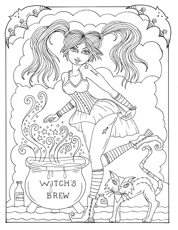 Pages sexy witches to color instant download halloween funadult coloringcolor bookdigitaldigi stamp