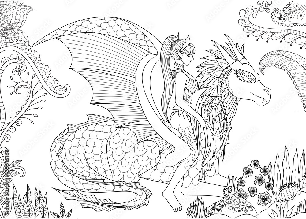 Sexy queen riding a dragon zendoodle design for adult coloring book pages vector