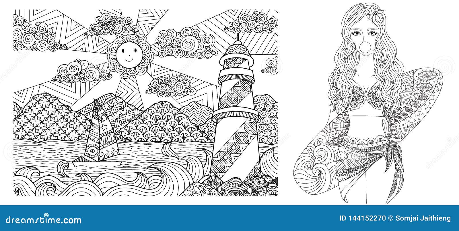 Drawing of lighthouse and lady on the beach for adult coloring bookcoloring and other deign element vector illustration stock vector