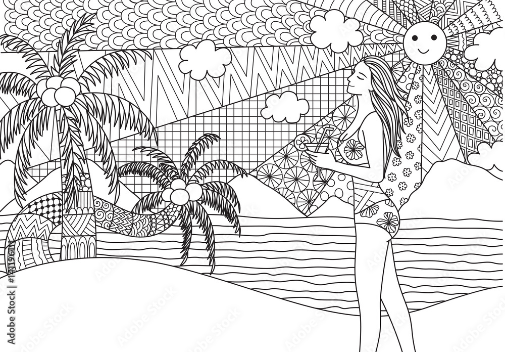 Sexy girl walking along the beach for adult coloring book page for anti stress banner and other design element vector vector