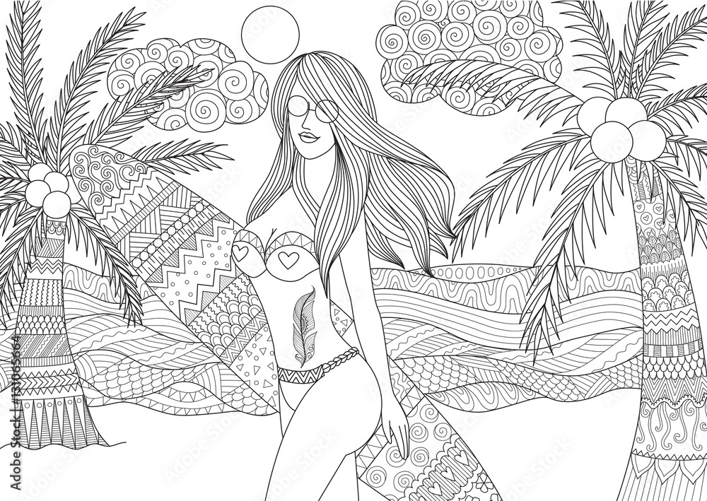 Zentangle design of sexy girl holding surfboard walking on the beach with wavy sea and coconut trees for adult coloring book pages vector