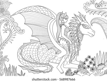 Hakuun sexy queen riding dragon adult coloring liittyvã vektorikuva rojaltivapaa