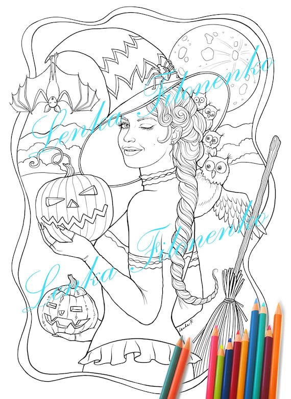 Halloween witch coloring page for adults sexy witch with owls line art pdf download and print