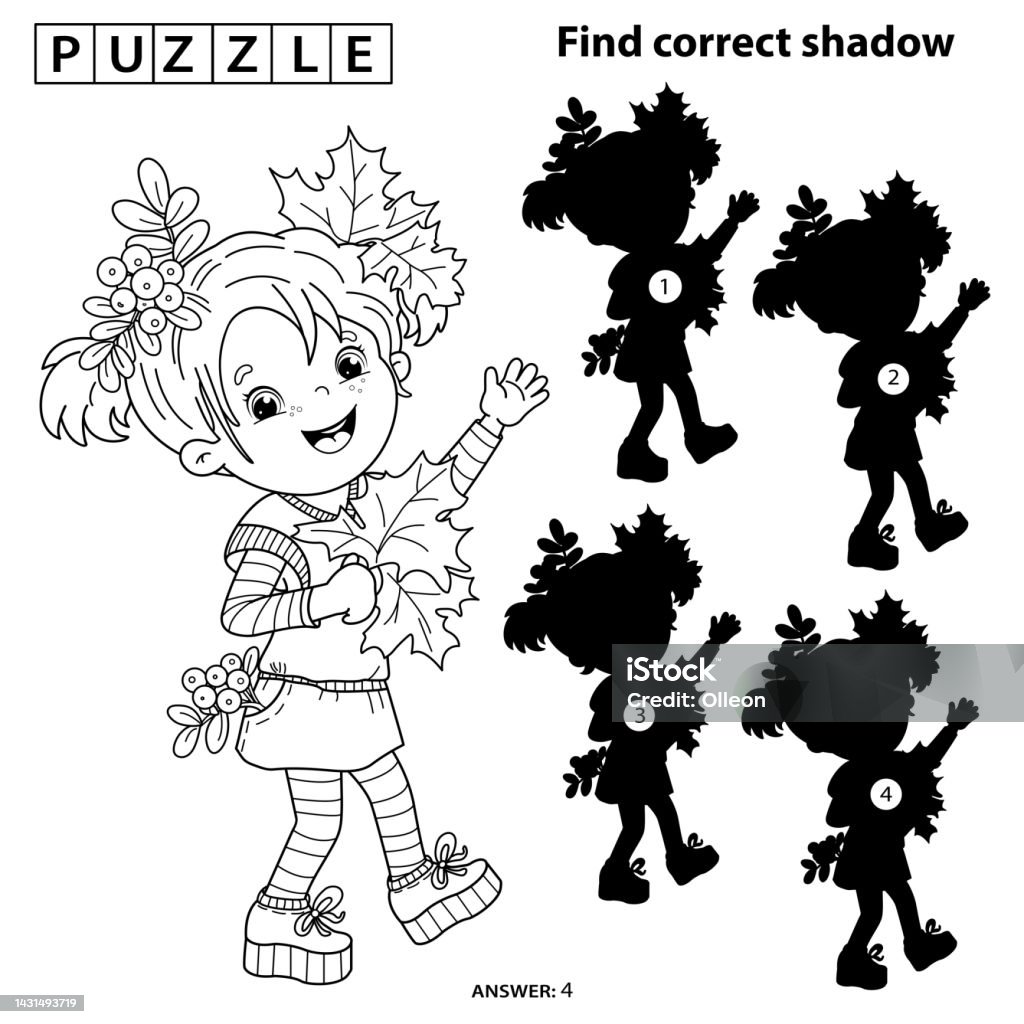 Puzzle game for kids find correct shadow coloring page outline of cartoon girl with autumn leaves and sprigs of mountain ash coloring book for children stock illustration