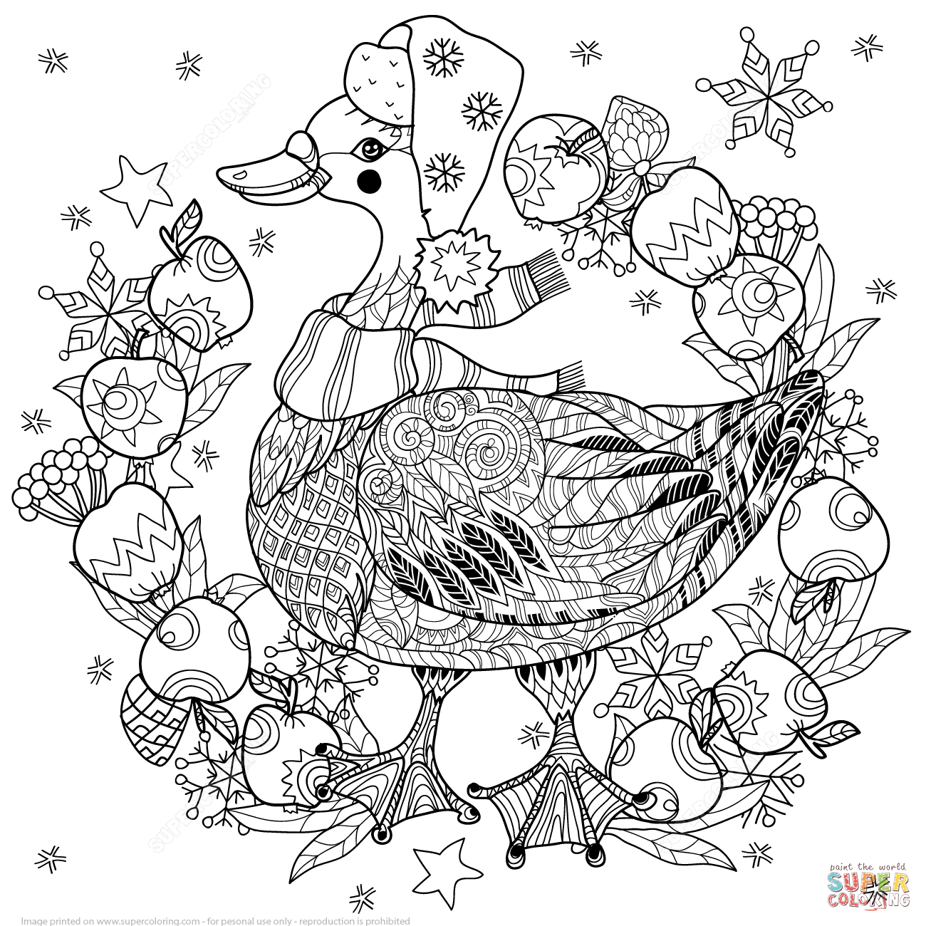 Christmas goose with apples zentangle coloring page free printable coloring pages