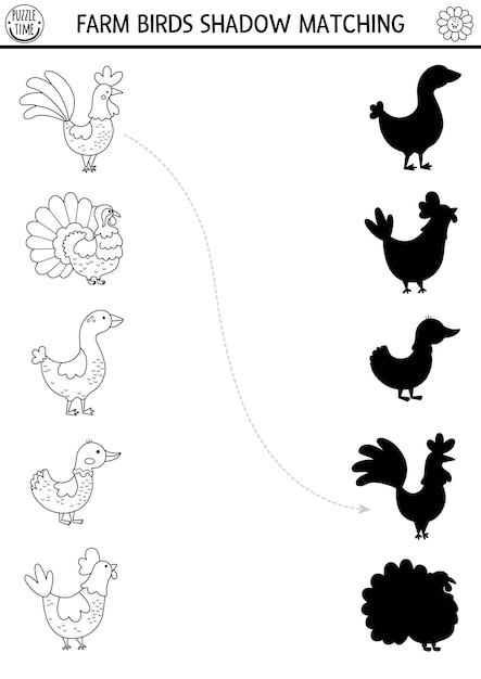 Premium vector black and white farm shadow matching activity with birds country village line puzzle with cute hen rooster goose turkey find correct silhouette printable coloring game on the farm page