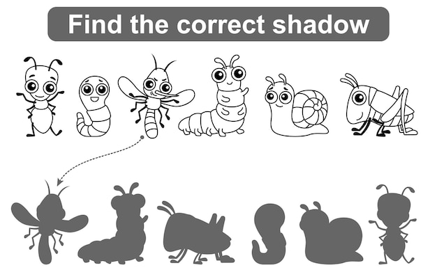 Premium vector find the correct shadow kids educational game coloring pages insects simple gaming level for preschool kids