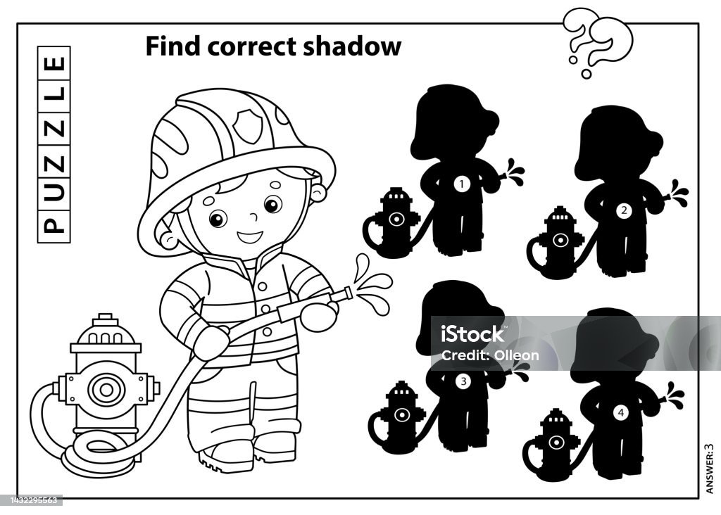 Puzzle game for kids find correct shadow coloring page outline of cartoon fireman or firefighter with a fire hydrant profession coloring book for children stock illustration