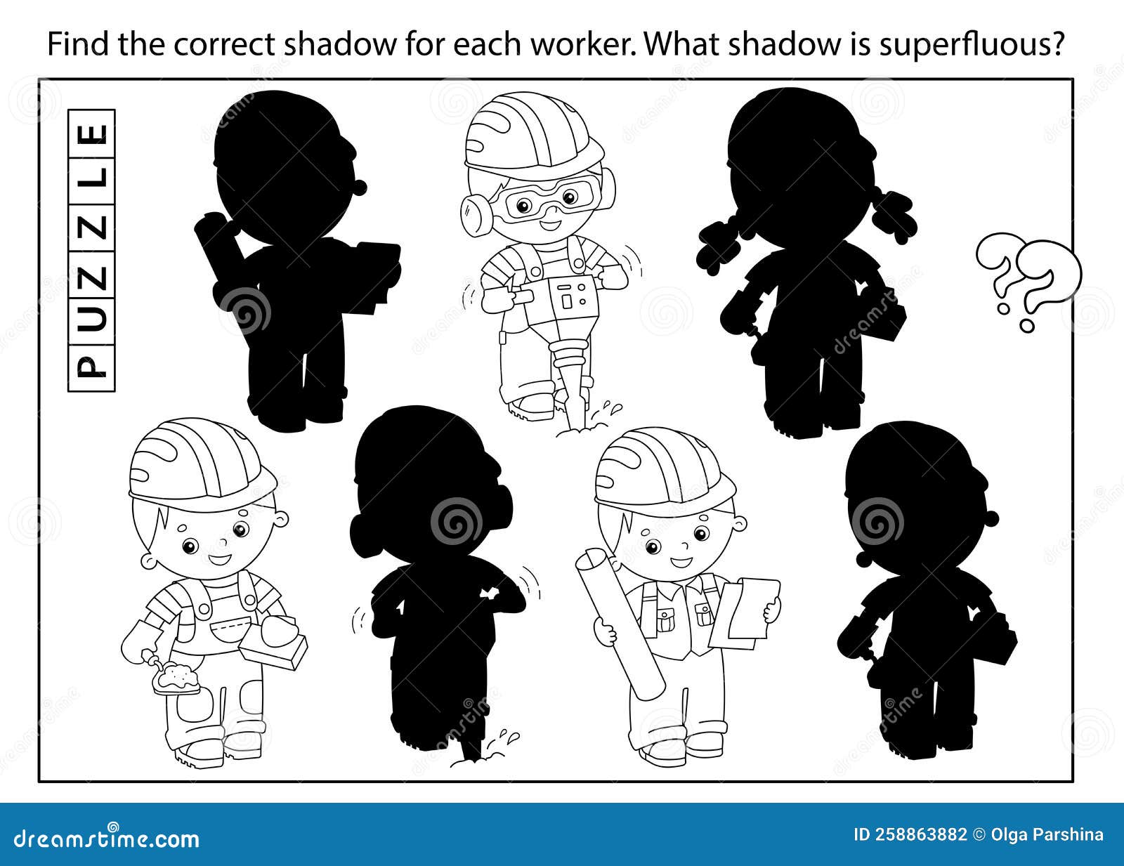 Puzzle game for kids find correct shadow coloring page outline of cartoon workers with building tools profession stock vector