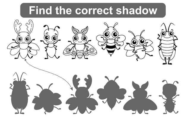Premium vector find the correct shadow kids educational game coloring pages insects simple gaming level for preschool kids
