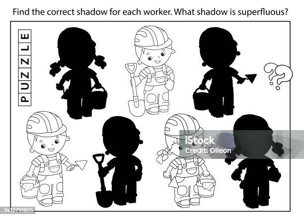Puzzle game for kids find correct shadow coloring page outline of cartoon workers with building tools profession coloring book for children stock illustration