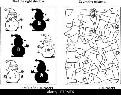 Two visual puzzles and coloring page for kids find the right shadow for each picture of snowman count the mittens black and white answers included stock vector image art