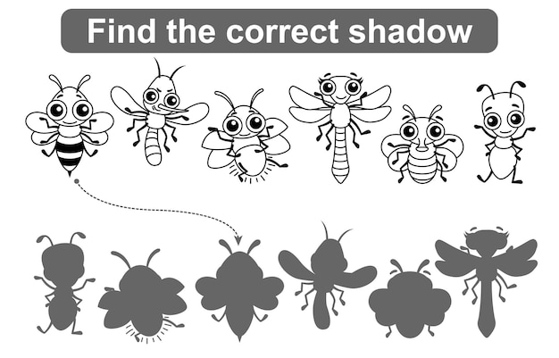 Premium vector find the correct shadow kids educational game coloring pages insects simple gaming level for preschool kids