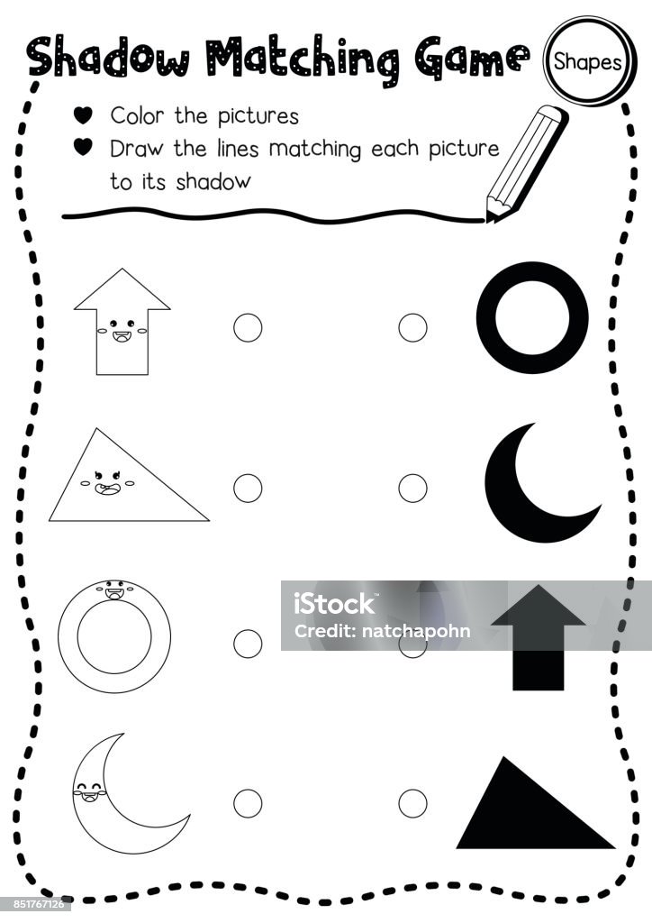 Shadow matching game shape coloring page version stock illustration