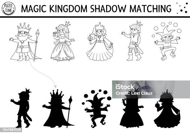 Fairytale black and white shadow matching activity with king queen prince princess magic kingdom puzzle find