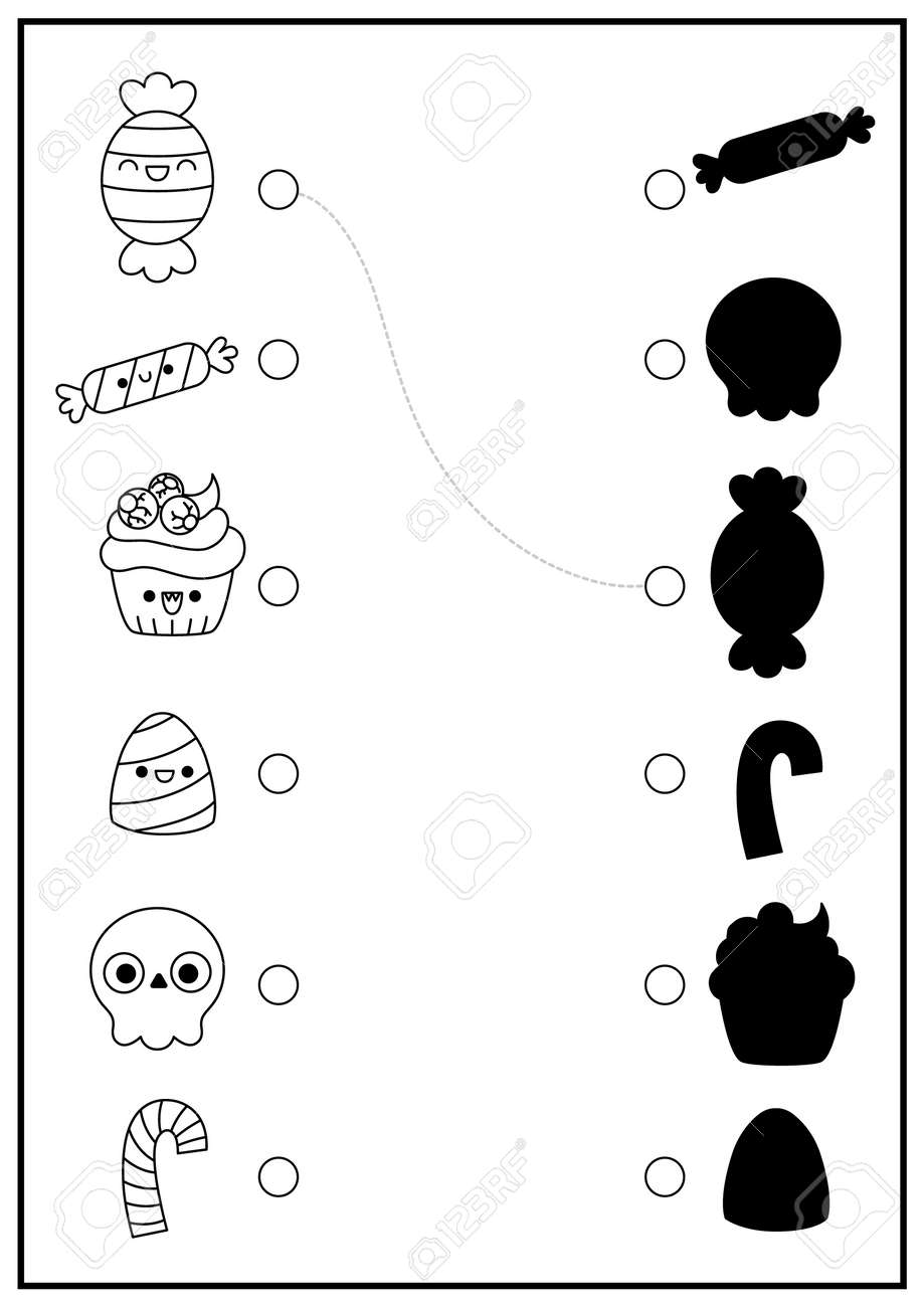 Halloween black and white shadow matching activity autumn holiday puzzle with cute kawaii sweets and desserts find correct silhouette printable worksheet trick or treat coloring page for kids royalty free svg cliparts