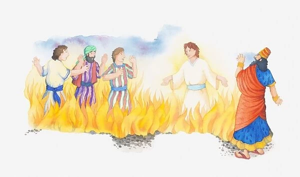 Illustration of a bible scene daniel the fiery furnace